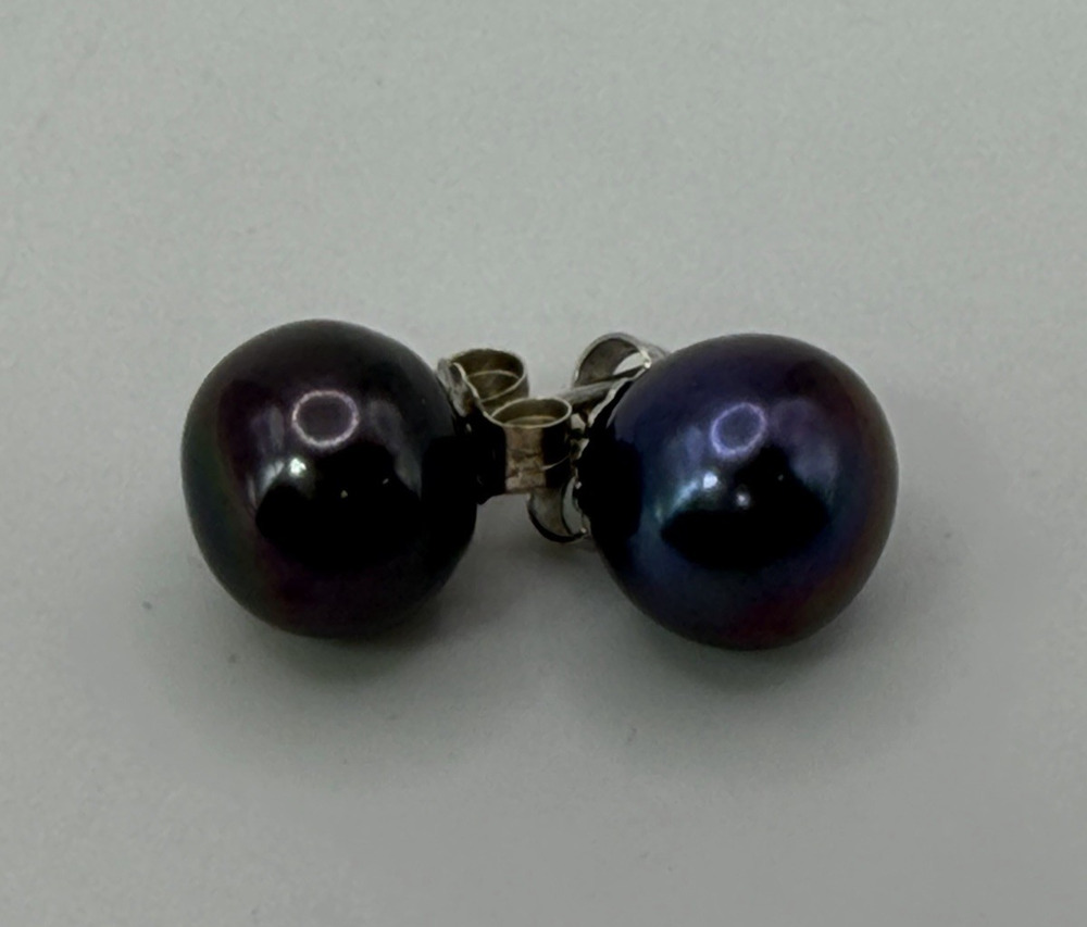 Black Cultured Pearl Earrings & Sterling Silver 925 10mm Purple Iridescent
